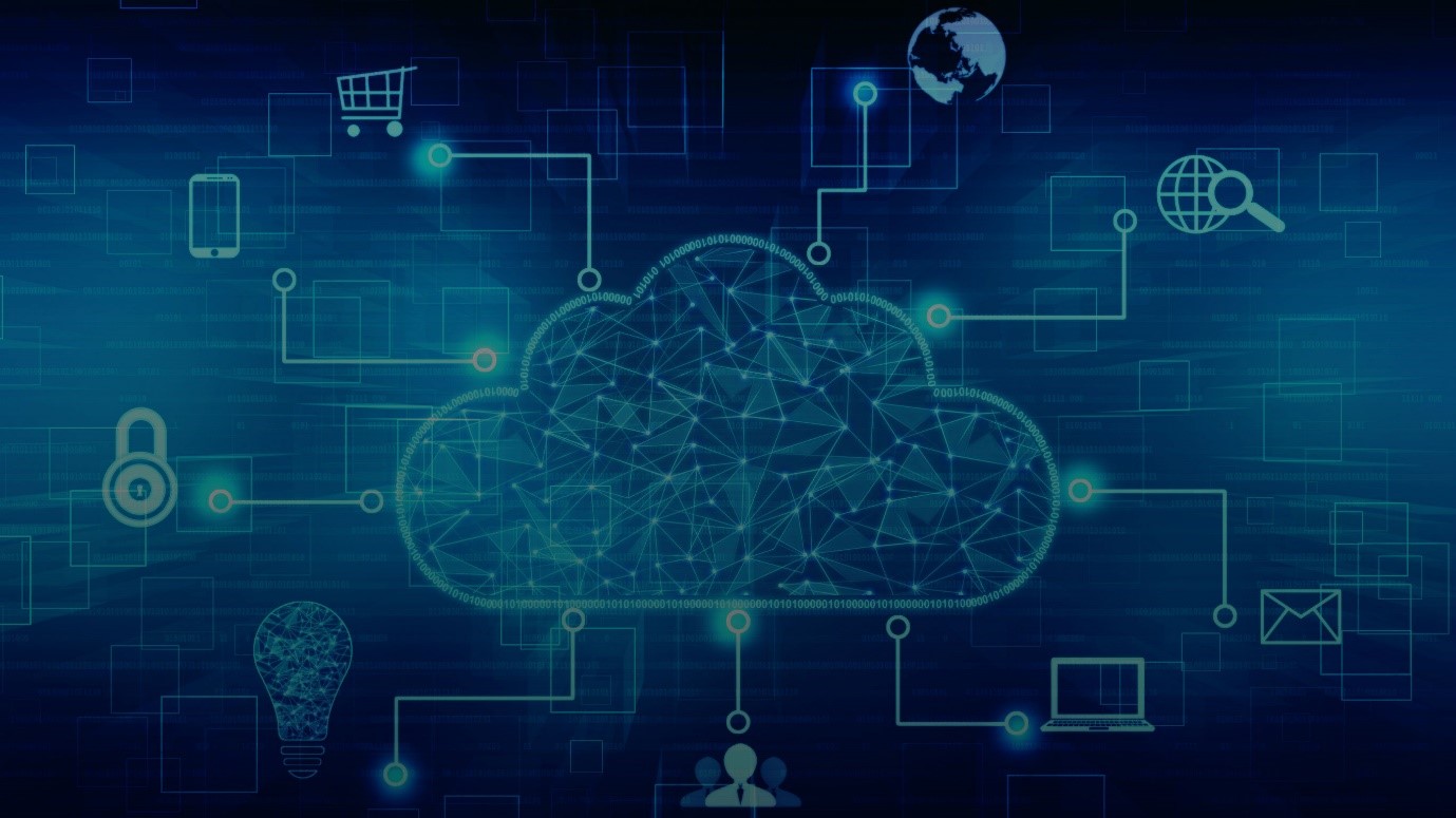  A conceptual image of a cloud-based network connecting various devices and applications with a magnifying glass in the corner representing the search query.