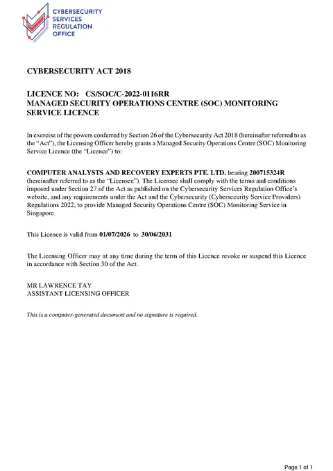 CSA Managed Security Operations Centre (SOC) Monitoring Service Licence certificate