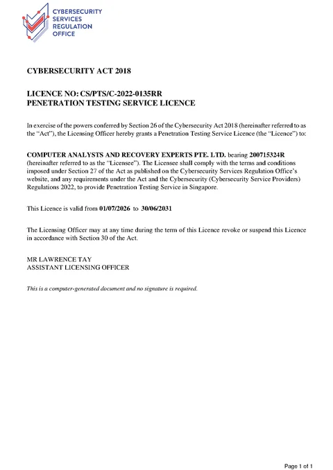 CSA Penetration Testing Service Licence certificate