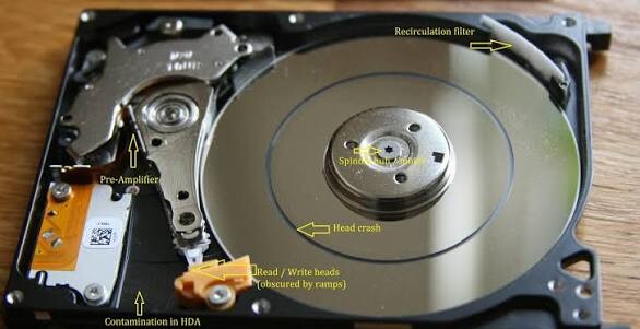 Inside a failed hard drive showing a head crash and contamination, why a cleanroom is needed for data recovery by CARE in Singapore